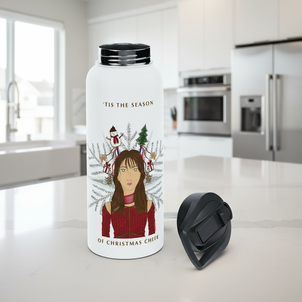 White water bottle with Christmas-themed design and text on a white background