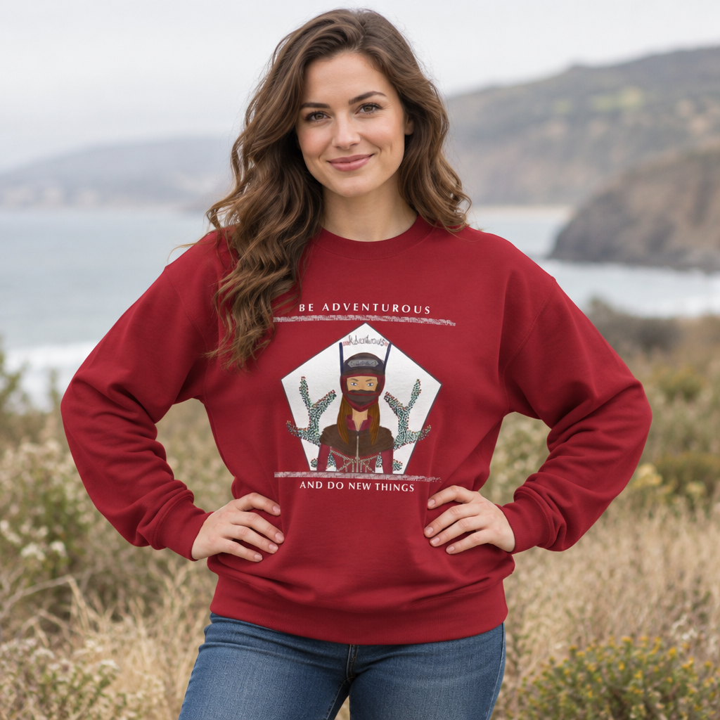 Adventurous Crewneck Sweatshirt — "Be Adventurous and Do New Things" Graphic Pullover