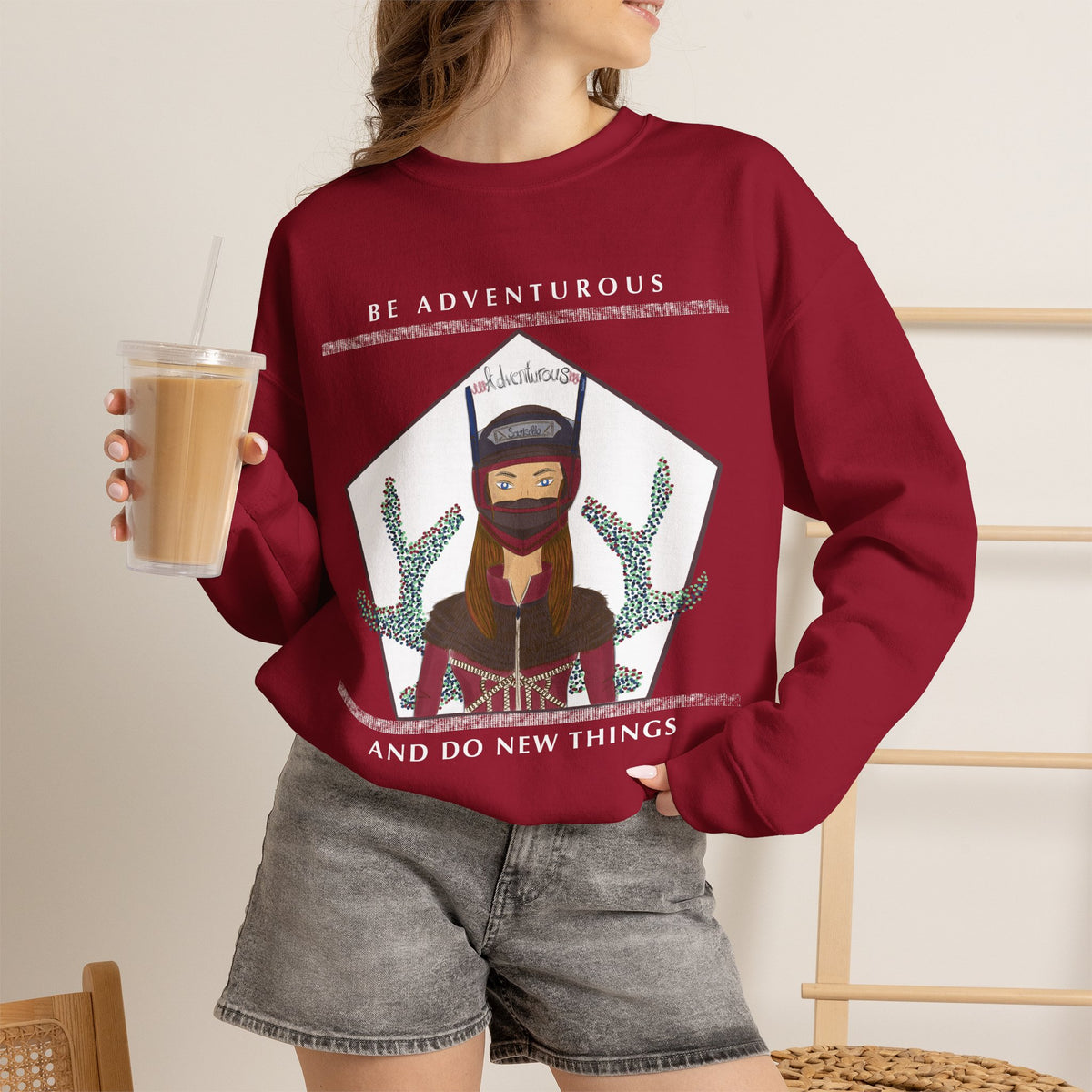 Adventurous Crewneck Sweatshirt — "Be Adventurous and Do New Things" Graphic Pullover